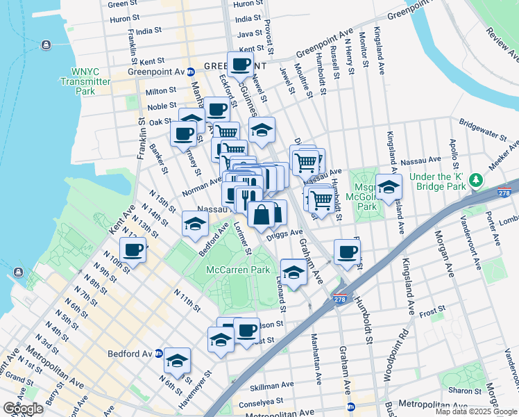 map of restaurants, bars, coffee shops, grocery stores, and more near 541 Leonard Street in Brooklyn