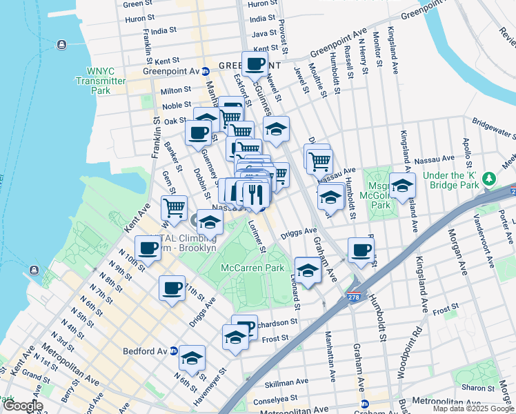 map of restaurants, bars, coffee shops, grocery stores, and more near 649 Manhattan Avenue in Brooklyn