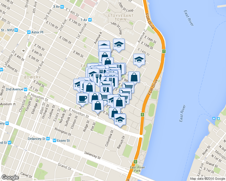 map of restaurants, bars, coffee shops, grocery stores, and more near 19 Loisaida Avenue in New York