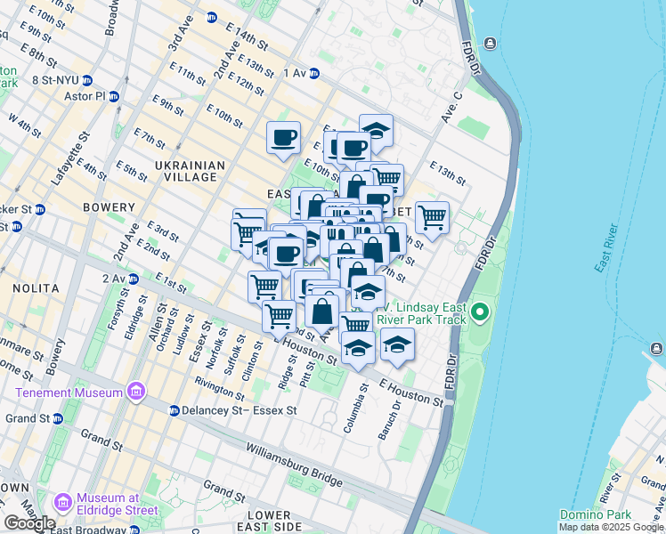 map of restaurants, bars, coffee shops, grocery stores, and more near 99-103 Loisaida Avenue in New York