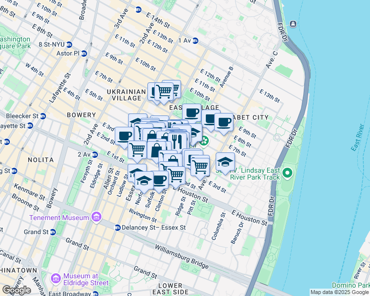 map of restaurants, bars, coffee shops, grocery stores, and more near 50-52 Avenue B in New York