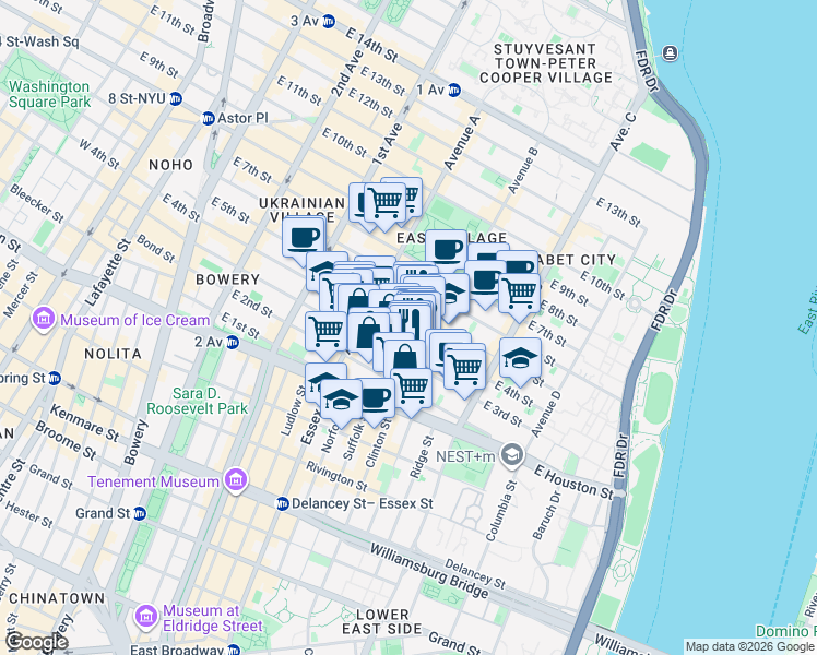 map of restaurants, bars, coffee shops, grocery stores, and more near 50-52 Avenue B in New York