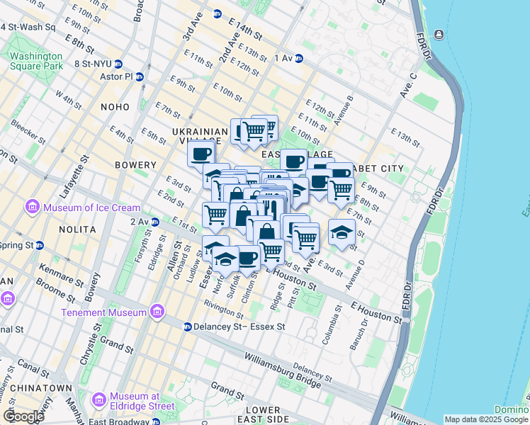 map of restaurants, bars, coffee shops, grocery stores, and more near 50-52 Avenue B in New York