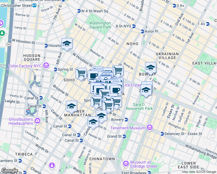 map of restaurants, bars, coffee shops, grocery stores, and more near 267 Lafayette Street in New York
