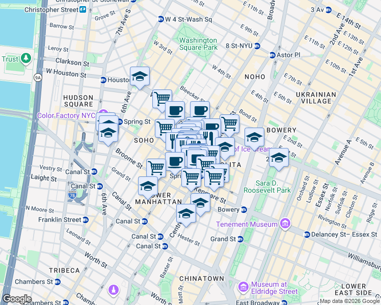 map of restaurants, bars, coffee shops, grocery stores, and more near 543 Broadway in New York
