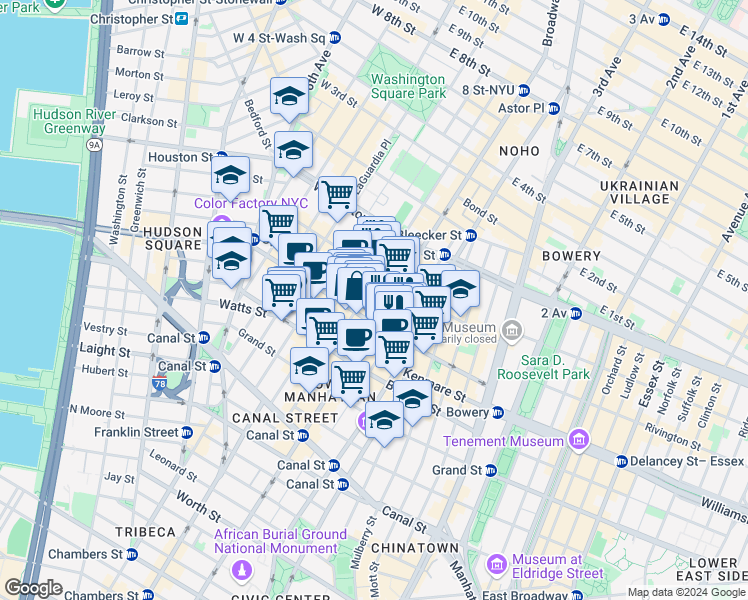 map of restaurants, bars, coffee shops, grocery stores, and more near 533 Broadway in New York