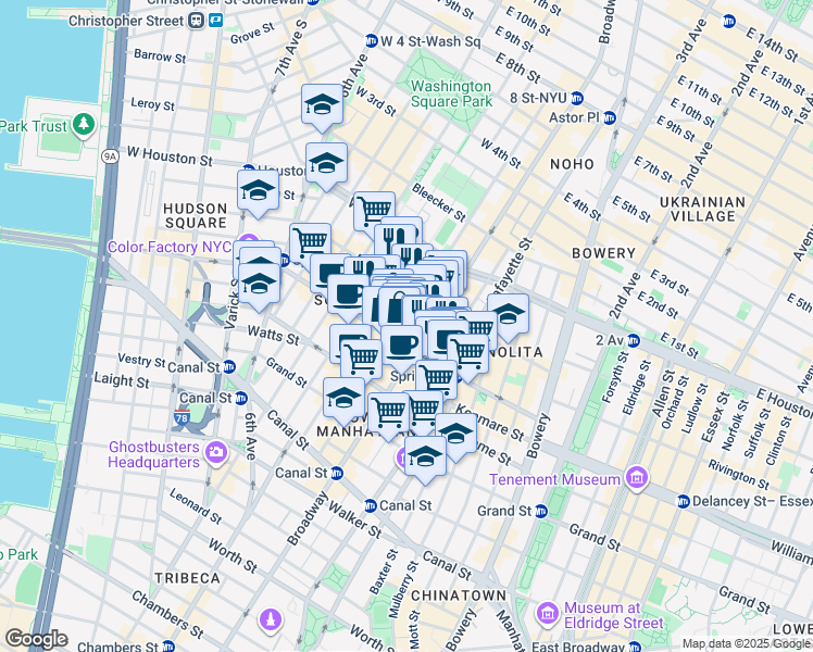 map of restaurants, bars, coffee shops, grocery stores, and more near 533 Broadway in New York