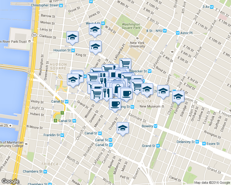 map of restaurants, bars, coffee shops, grocery stores, and more near 533 Broadway in New York