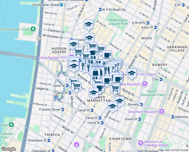 map of restaurants, bars, coffee shops, grocery stores, and more near in New York