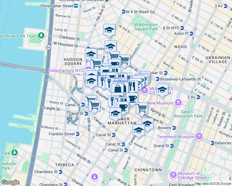 map of restaurants, bars, coffee shops, grocery stores, and more near in New York