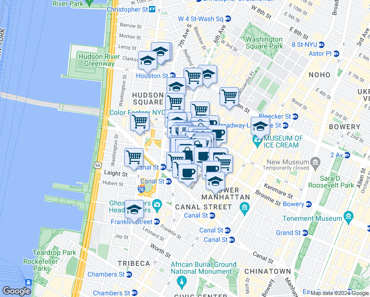 map of restaurants, bars, coffee shops, grocery stores, and more near in New York