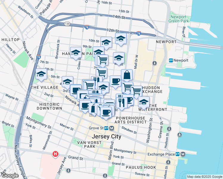map of restaurants, bars, coffee shops, grocery stores, and more near 204 3rd Street in Jersey City