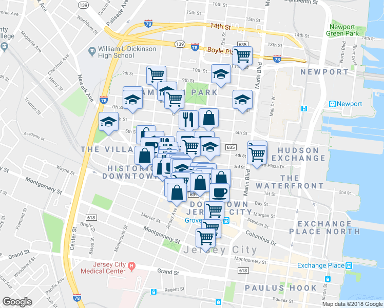 map of restaurants, bars, coffee shops, grocery stores, and more near 579 Jersey Avenue in Jersey City