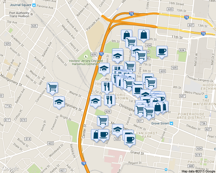 map of restaurants, bars, coffee shops, grocery stores, and more near in Jersey City
