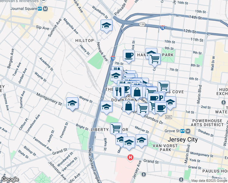 map of restaurants, bars, coffee shops, grocery stores, and more near in Jersey City