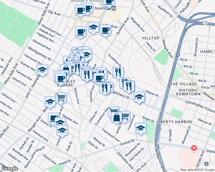 map of restaurants, bars, coffee shops, grocery stores, and more near 50 Baldwin Avenue in Jersey City