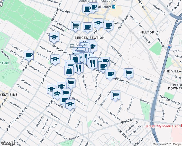 map of restaurants, bars, coffee shops, grocery stores, and more near 29 Orchard Street in Jersey City