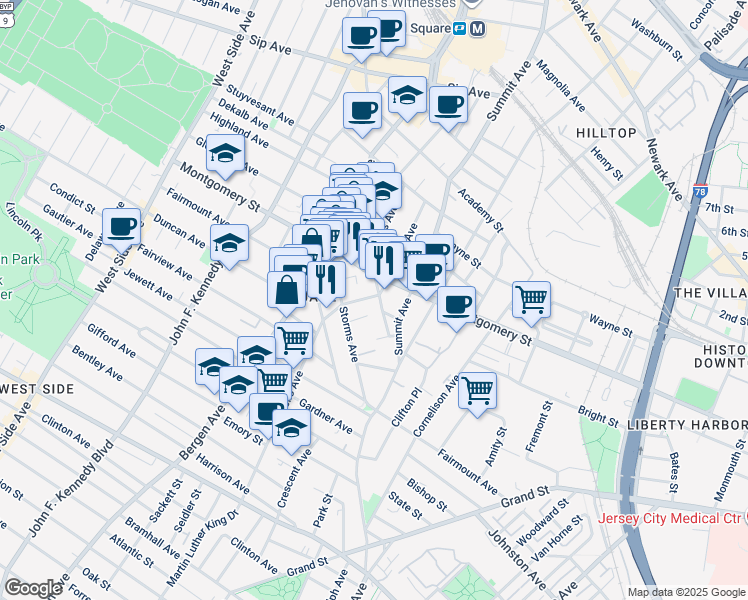 map of restaurants, bars, coffee shops, grocery stores, and more near 29 Orchard Street in Jersey City