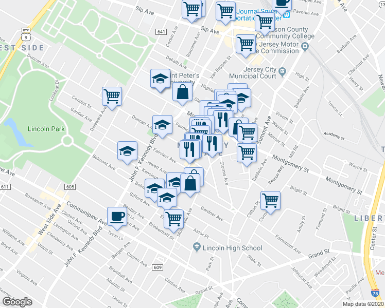 map of restaurants, bars, coffee shops, grocery stores, and more near in Jersey City