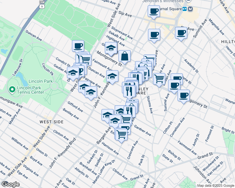 map of restaurants, bars, coffee shops, grocery stores, and more near 103 Fairview Avenue in Jersey City