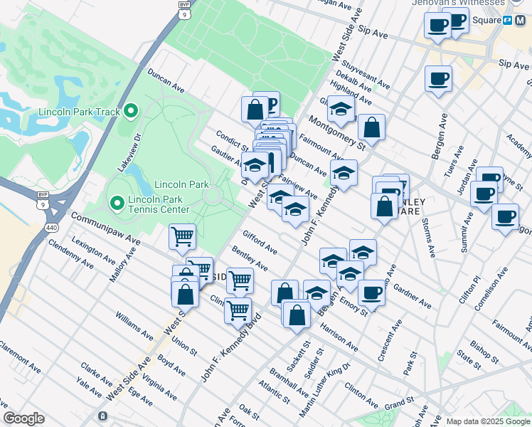 map of restaurants, bars, coffee shops, grocery stores, and more near 117 Kensington Avenue in Jersey City