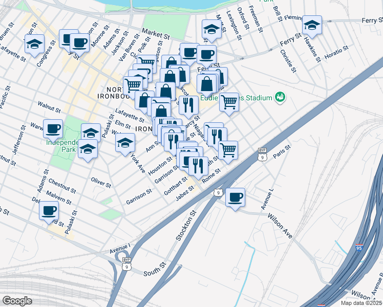 map of restaurants, bars, coffee shops, grocery stores, and more near 30 Barbara Street in Newark