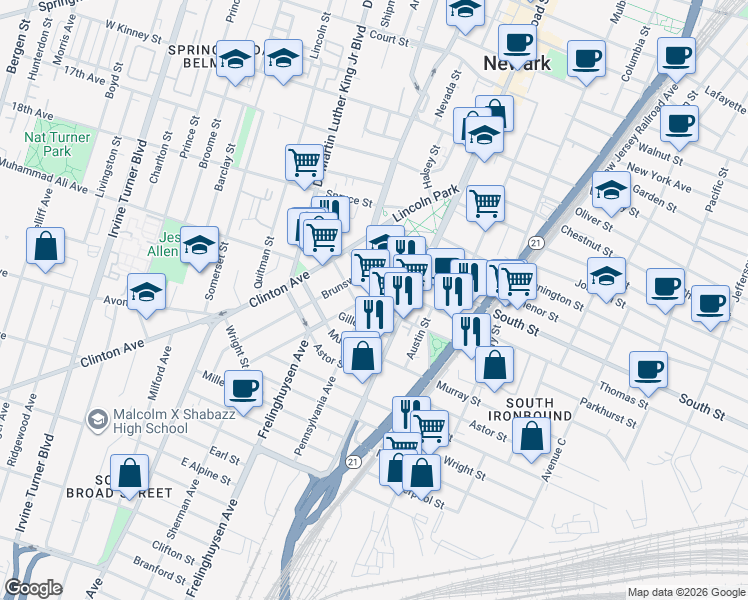 map of restaurants, bars, coffee shops, grocery stores, and more near 69 Pennsylvania Avenue in Newark