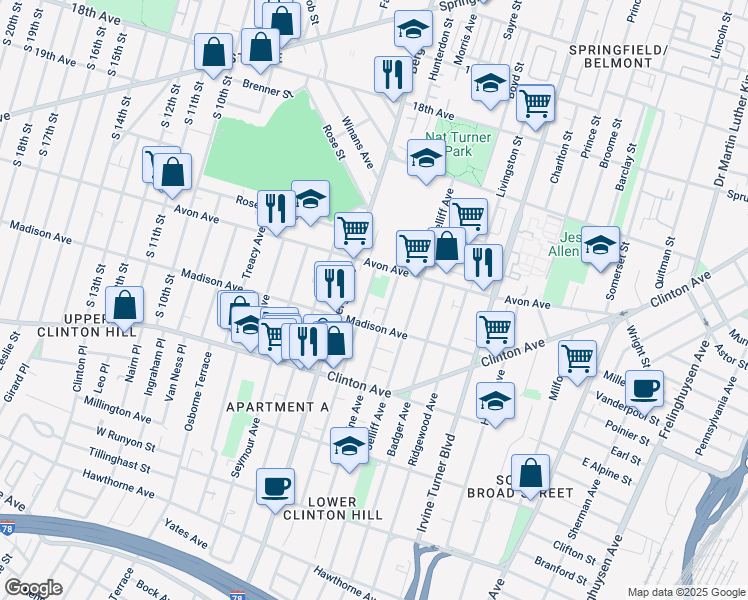 map of restaurants, bars, coffee shops, grocery stores, and more near in Newark