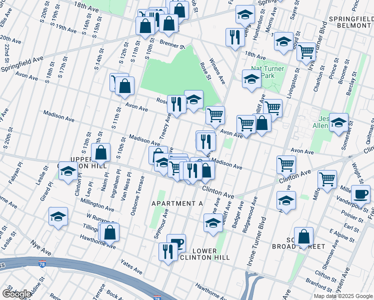 map of restaurants, bars, coffee shops, grocery stores, and more near 83 Chadwick Avenue in Newark