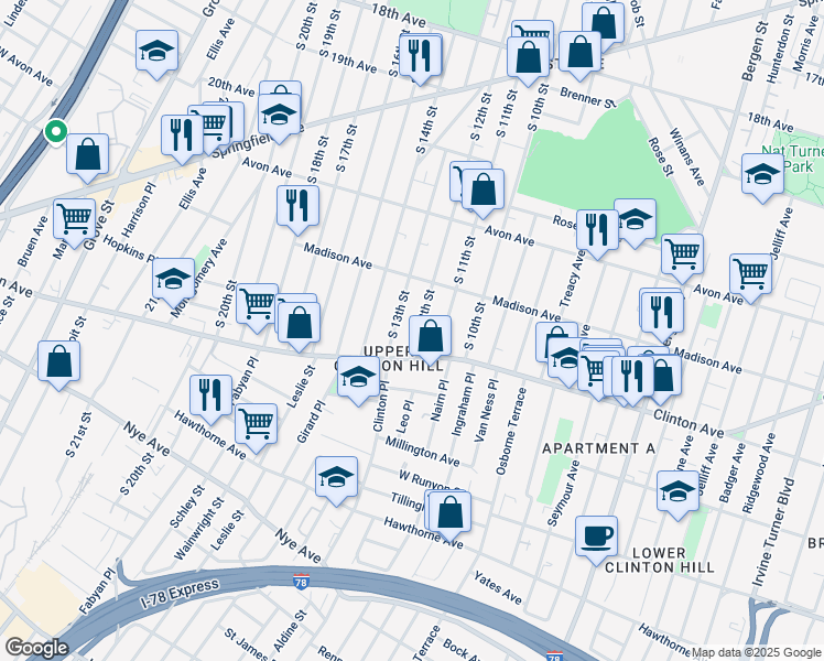 map of restaurants, bars, coffee shops, grocery stores, and more near in Newark