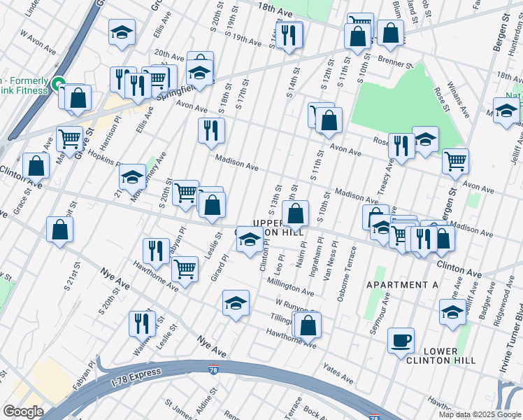 map of restaurants, bars, coffee shops, grocery stores, and more near 892 South 14th Street in Newark