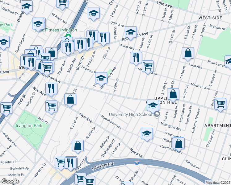 map of restaurants, bars, coffee shops, grocery stores, and more near in Newark