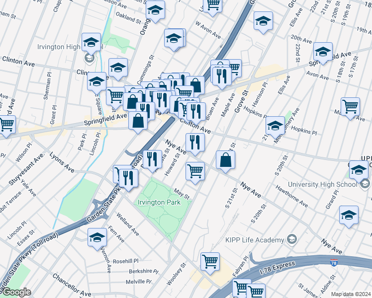 map of restaurants, bars, coffee shops, grocery stores, and more near 475 Nye Avenue in Irvington