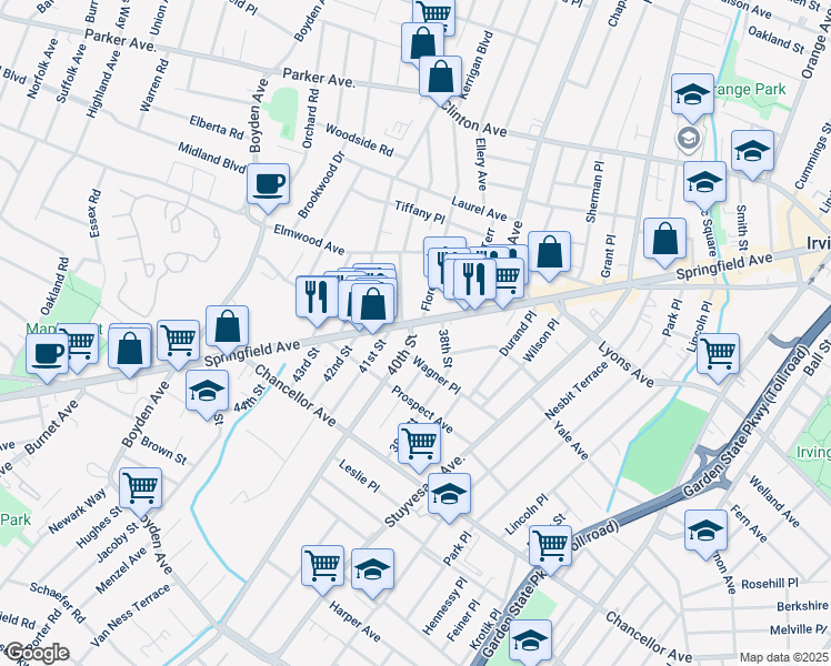 map of restaurants, bars, coffee shops, grocery stores, and more near 19 40th Street in Irvington