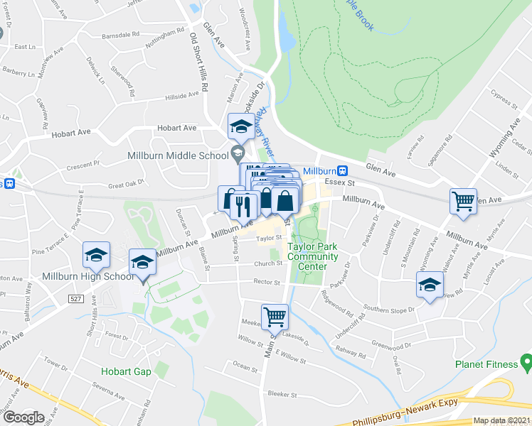 map of restaurants, bars, coffee shops, grocery stores, and more near 358c Millburn Avenue in Essex County