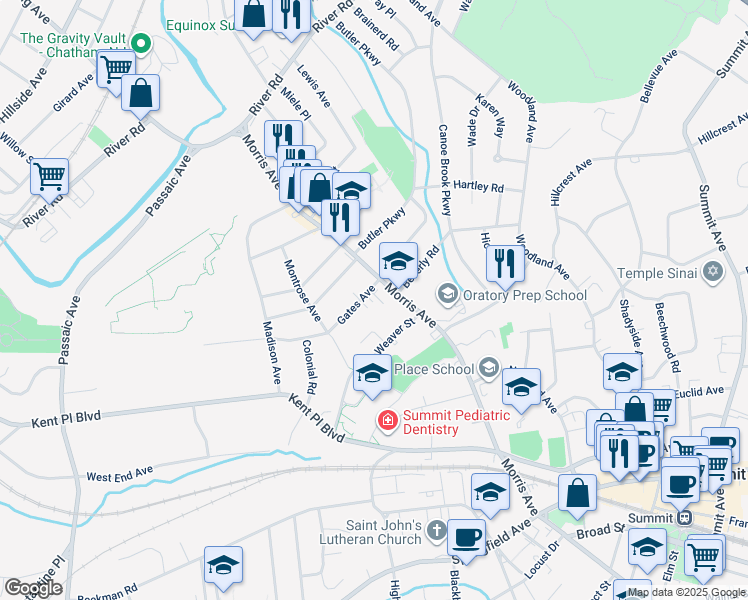map of restaurants, bars, coffee shops, grocery stores, and more near 10A Gates Avenue in Summit