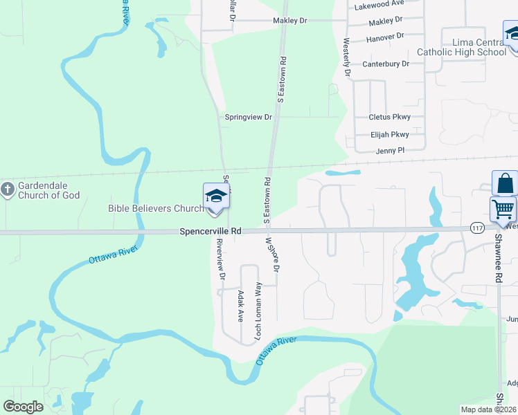 map of restaurants, bars, coffee shops, grocery stores, and more near 3390 Spencerville Road in Lima