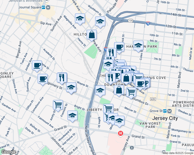 map of restaurants, bars, coffee shops, grocery stores, and more near 26 Merseles Street in Jersey City
