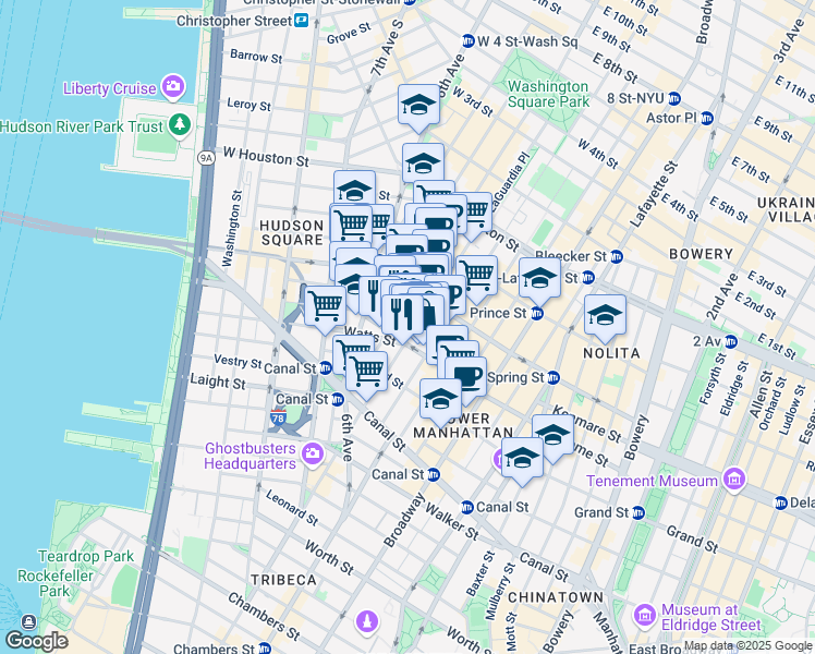 map of restaurants, bars, coffee shops, grocery stores, and more near 380 West Broadway in New York
