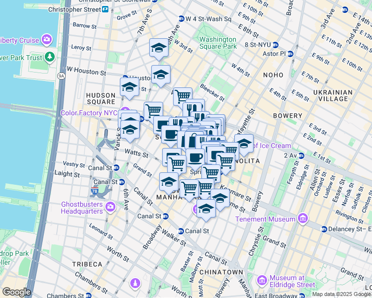 map of restaurants, bars, coffee shops, grocery stores, and more near 101 Spring Street in New York