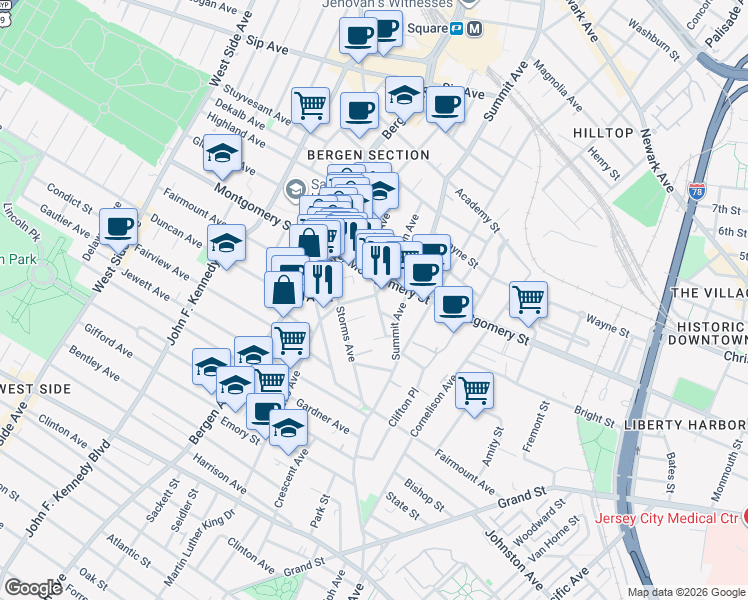 map of restaurants, bars, coffee shops, grocery stores, and more near 29 Orchard Street in Jersey City