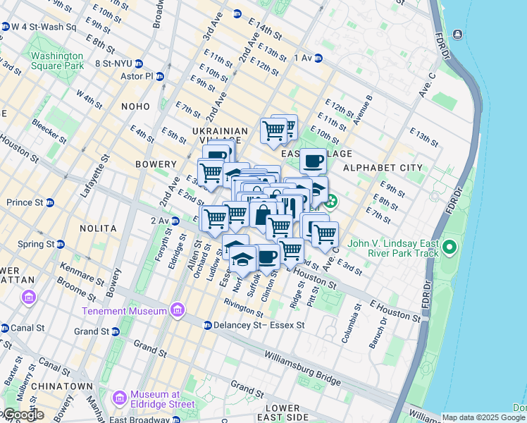 map of restaurants, bars, coffee shops, grocery stores, and more near 173 East 3rd Street in New York