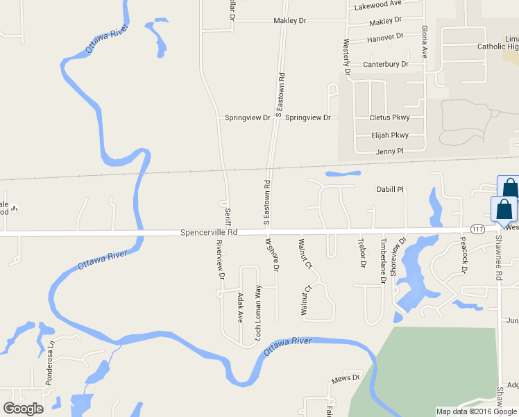 map of restaurants, bars, coffee shops, grocery stores, and more near 3390 Spencerville Road in Lima