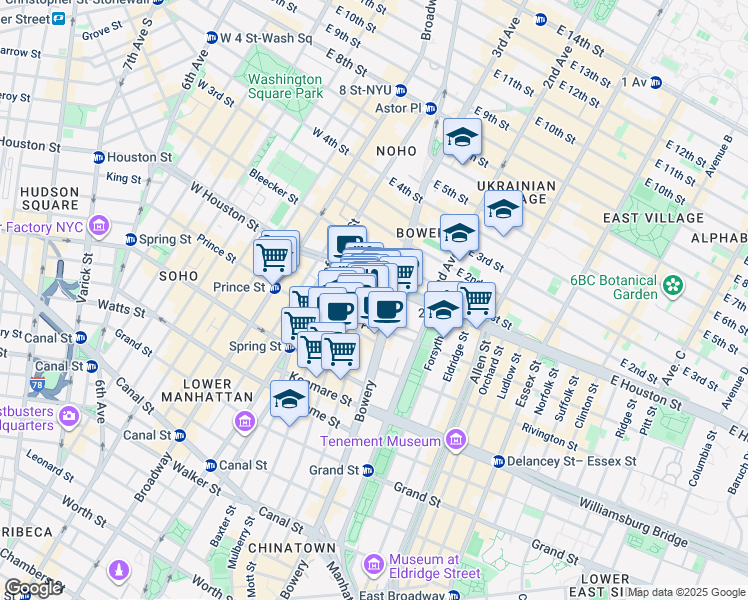 map of restaurants, bars, coffee shops, grocery stores, and more near 259 Elizabeth Street in New York