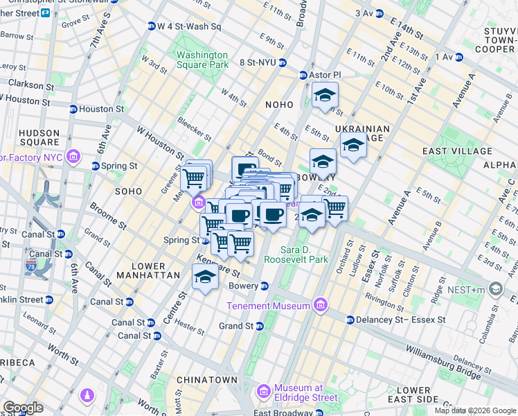 map of restaurants, bars, coffee shops, grocery stores, and more near 259 Elizabeth Street in New York