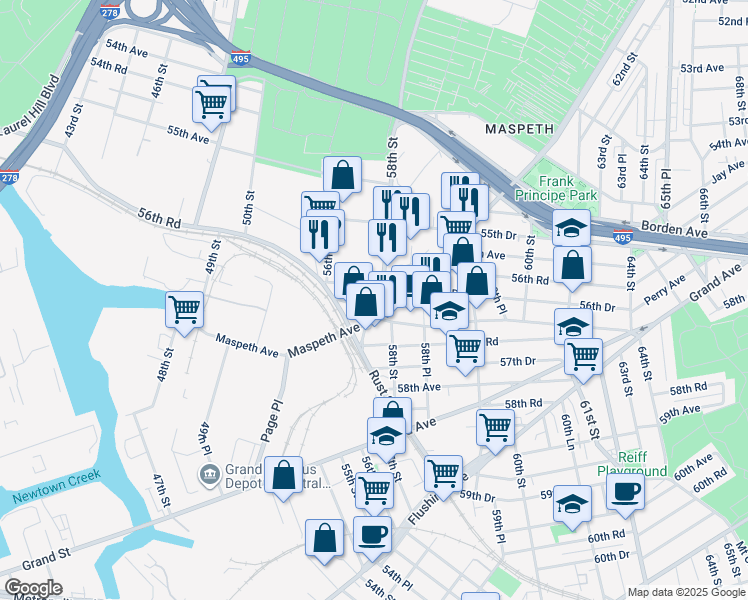 map of restaurants, bars, coffee shops, grocery stores, and more near 5673 58th Street in Queens