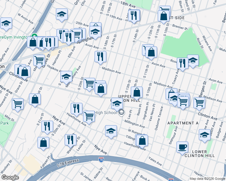 map of restaurants, bars, coffee shops, grocery stores, and more near 916 South 16th Street in Newark