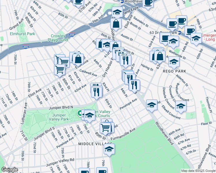map of restaurants, bars, coffee shops, grocery stores, and more near 83-33 63rd Avenue in Queens