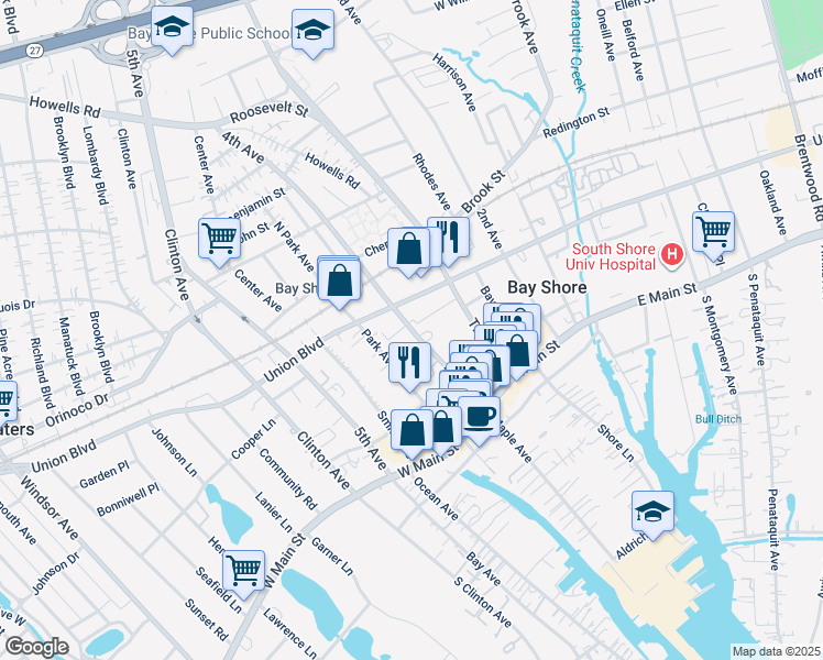 map of restaurants, bars, coffee shops, grocery stores, and more near 144 4th Avenue in Bay Shore