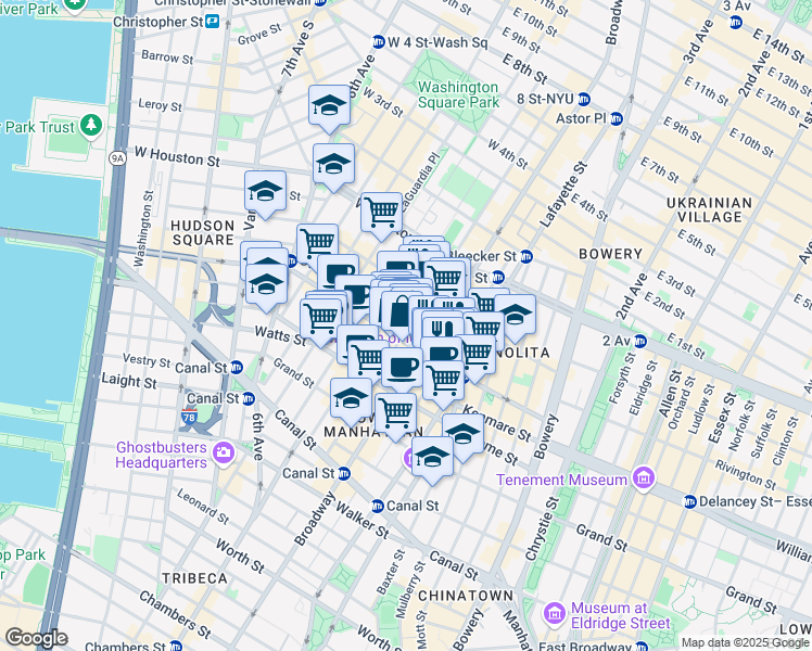map of restaurants, bars, coffee shops, grocery stores, and more near 525 Broadway in New York